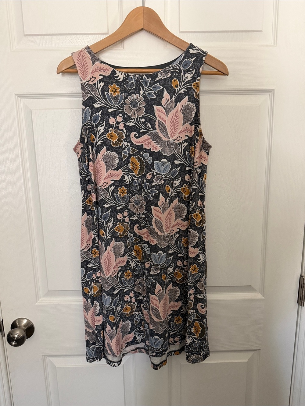 LOFT Sleeveless Floral Midi Dress in Pink and Charcoal with Mustard Accents